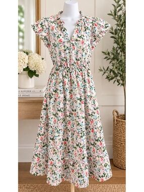 JCREW Regenerative Cotton Blend Floral Midi Dress with Ruffled Sleeves